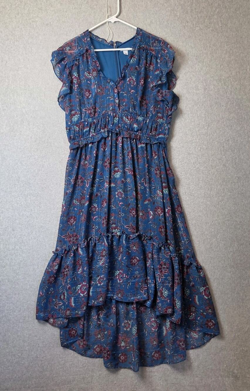 Westport Blue Floral SS V Neck High Low Empire Waist Maxi Dress Women's 12 Lined